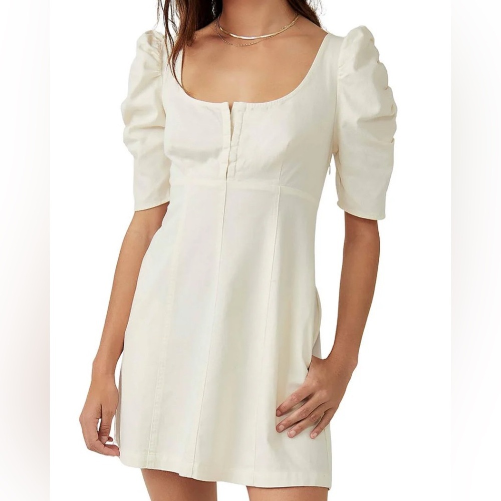 NWT Free People Cream Denim Minidress Puff Sleeve Cheyenne Sundress NEW - Picture 14 of 16
